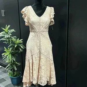 Just Taylor V-neck flutter sleeve lace,Hi/low ruffle,zip back, lined,zipper back